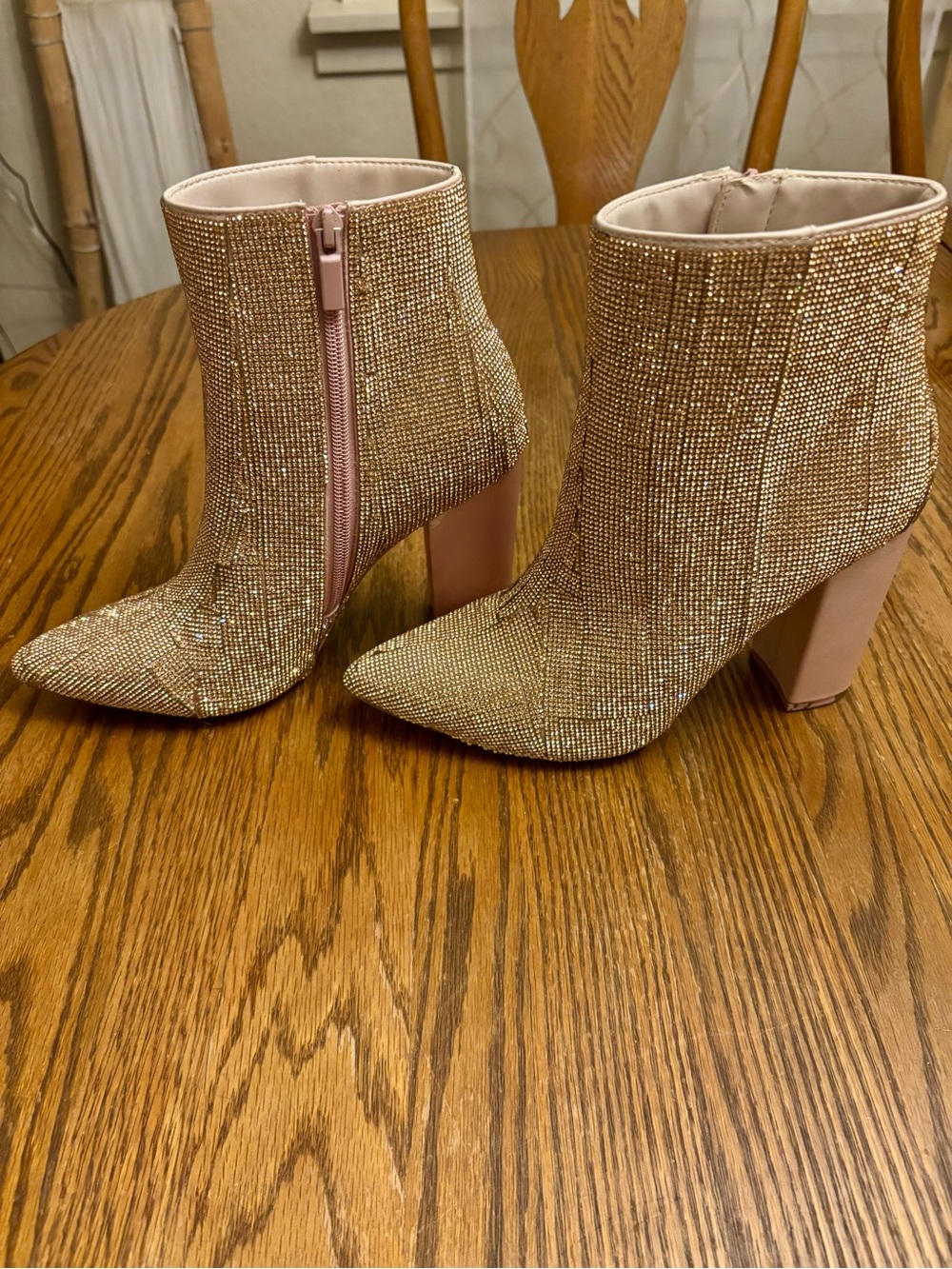 JustFab Pink Crystal-Embellished Block Heel Ankle Boots
